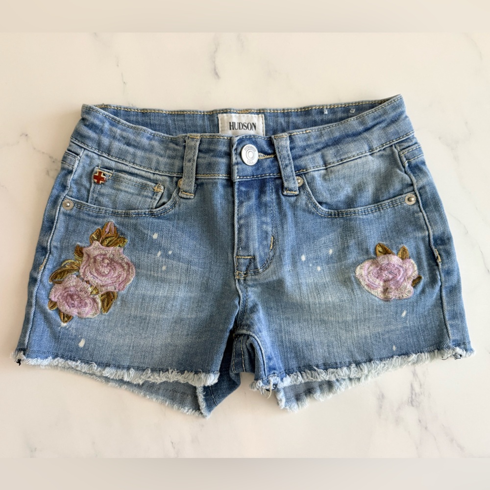 Hudson Jeans Light Blue Denim Shorts with Pink Rose Embroidery